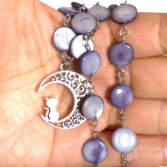Purple Mother of Pearl Beaded Short Necklace + Cat on the Moon Pendant - Picture 13 of 13